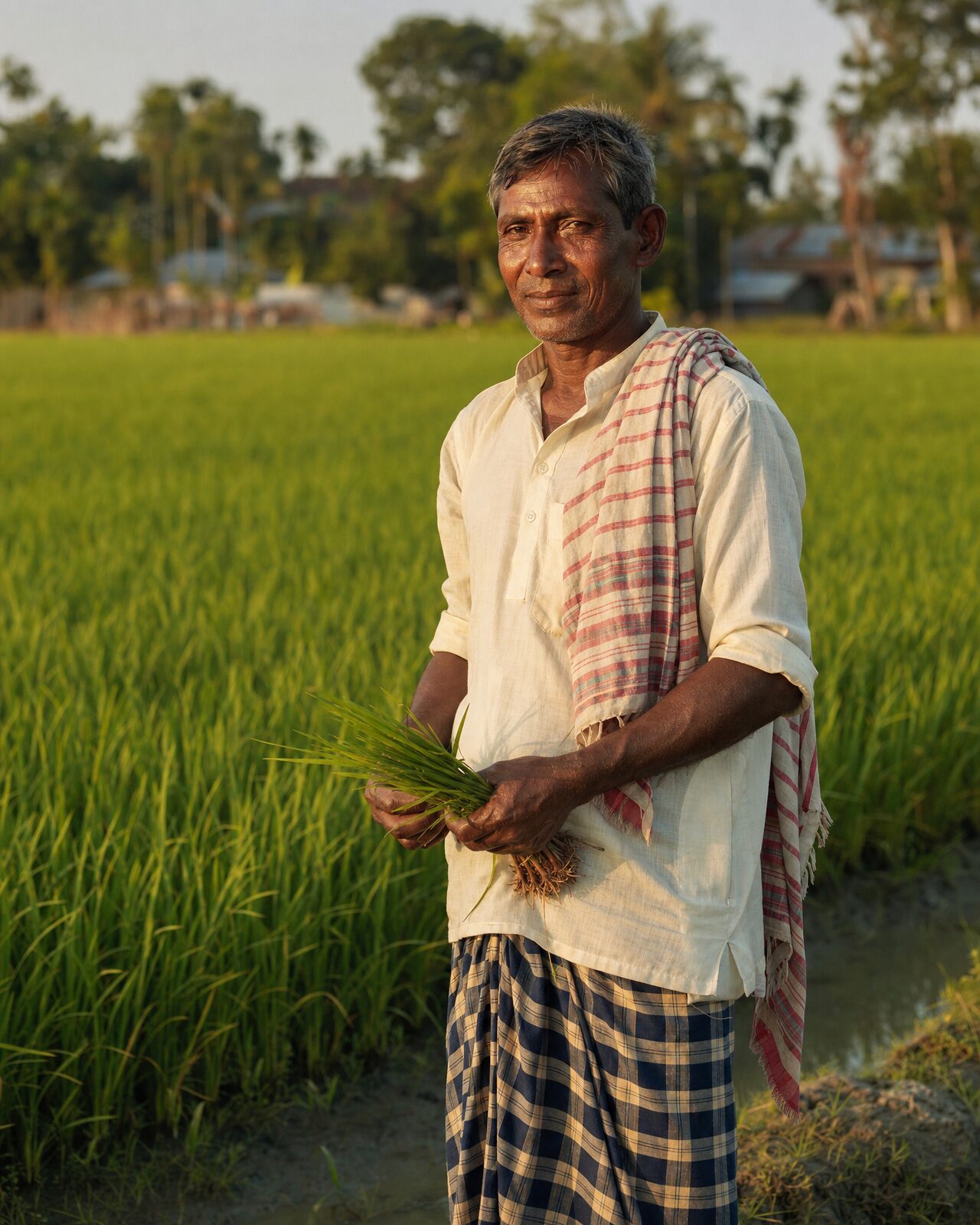 Rahim Mia, a rice farmer in Pabna, stands at the edge of his BRRI-29 paddy field at sunset.